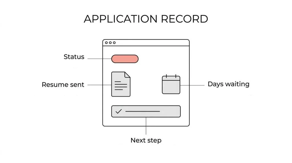 Diagram of a single application record with four labelled parts: a status pill, the resume sent, a calendar for days waiting, and a next-step checkbox.