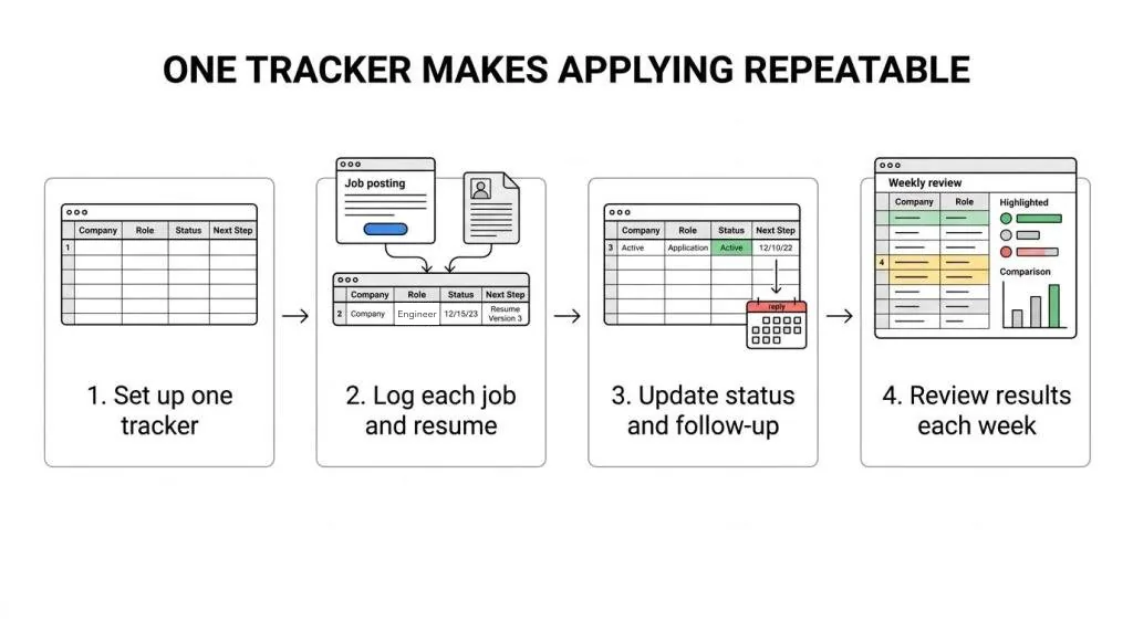 Four-step diagram titled One tracker makes applying repeatable: set up one tracker, log each job and resume, update status and follow-up, then review results each week.