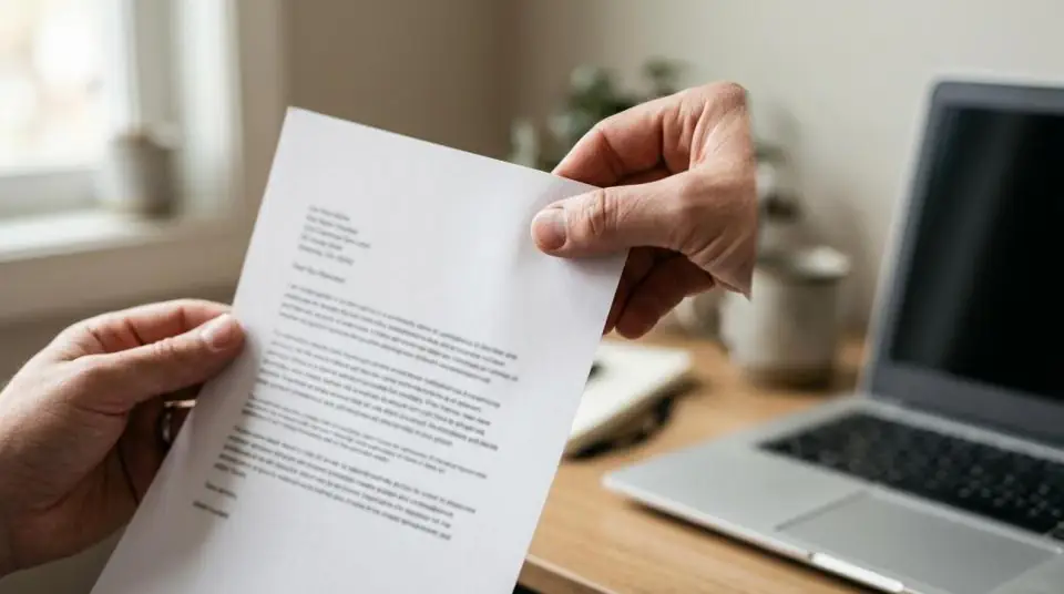 Hands holding a printed one-page cover letter beside an open laptop on a wooden desk.