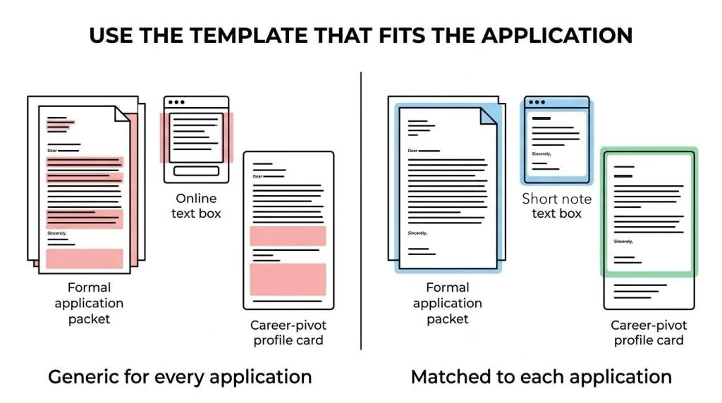 Side-by-side diagram titled Use the template that fits the application. On the left, a formal packet, an online text box and a career-pivot letter carry the same generic text, marked in red. On the right, each is matched to its application: a formal letter, a short note for a text box and a career-pivot letter.