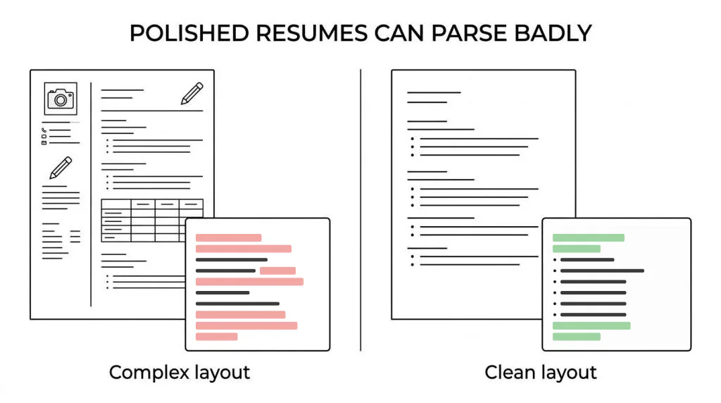 Diagram titled Polished resumes can parse badly. A complex resume with a photo, sidebar and table produces jumbled parser output marked in red, while a clean single-column resume produces ordered output marked in green.