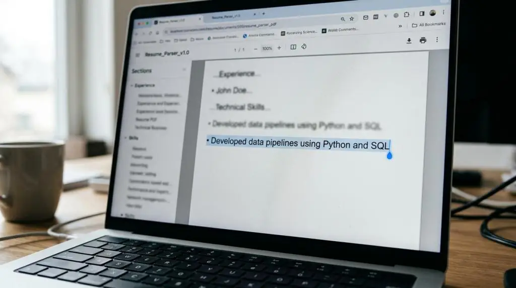 A laptop showing a resume PDF open in a browser, with the line “Developed data pipelines using Python and SQL” selected as text.