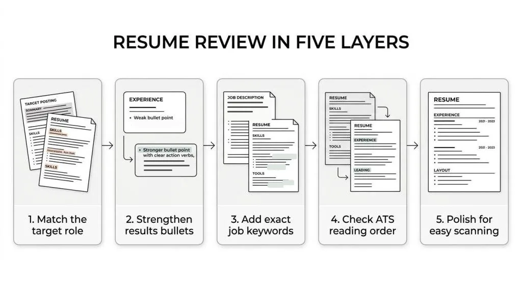 Five-step diagram titled Resume review in five layers: match the target role, strengthen results bullets, add exact job keywords, check ATS reading order, and polish for easy scanning.
