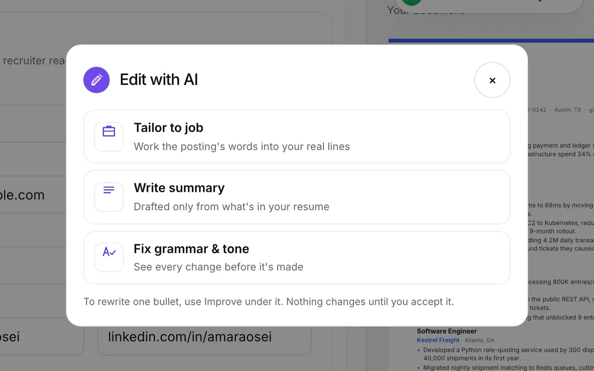 The Edit with AI menu in the Studio over a sample resume