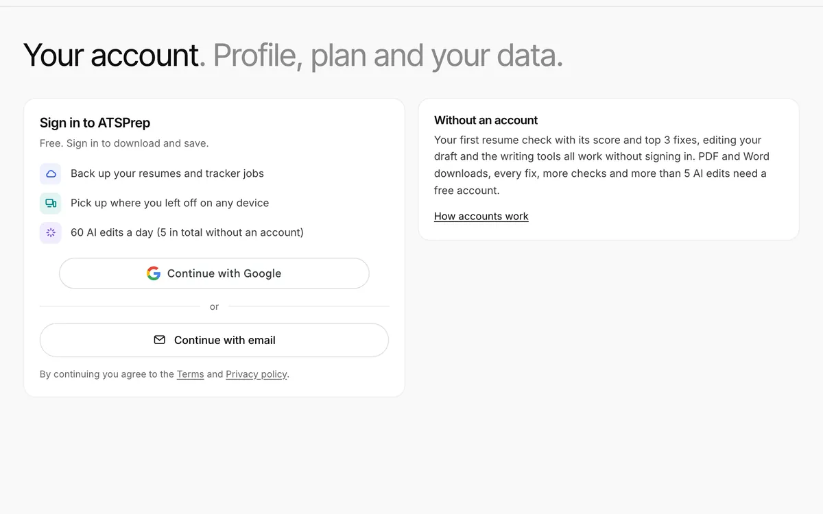 The account page with Continue with Google and Continue with email
