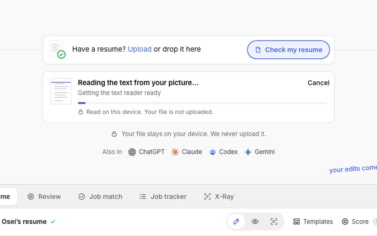 The import card reading the text from a picture, with a progress bar and Cancel.