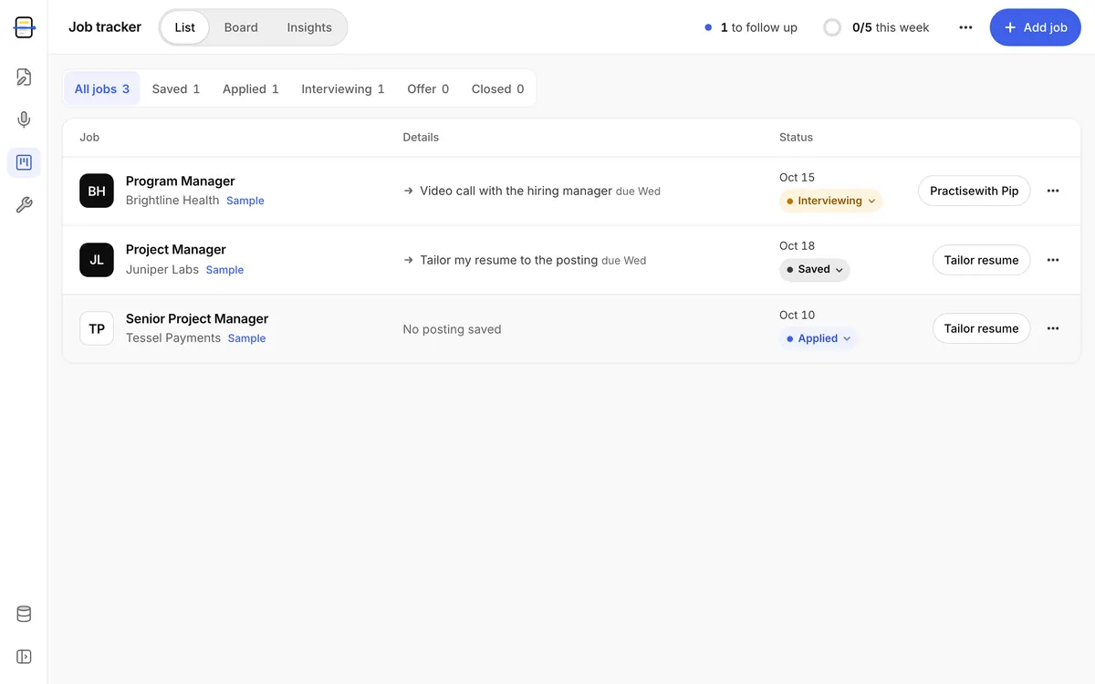 The job tracker list with three sample jobs