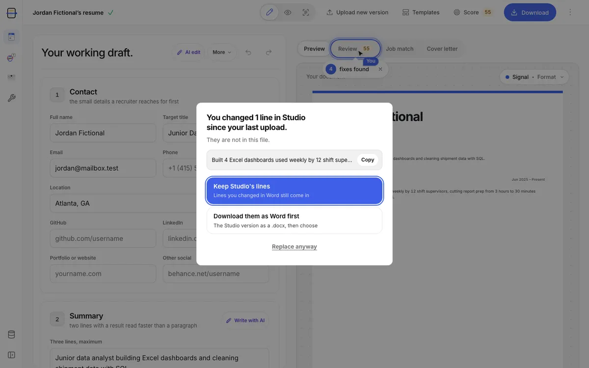The re-upload dialog with Keep Studio's lines selected, on a sample resume