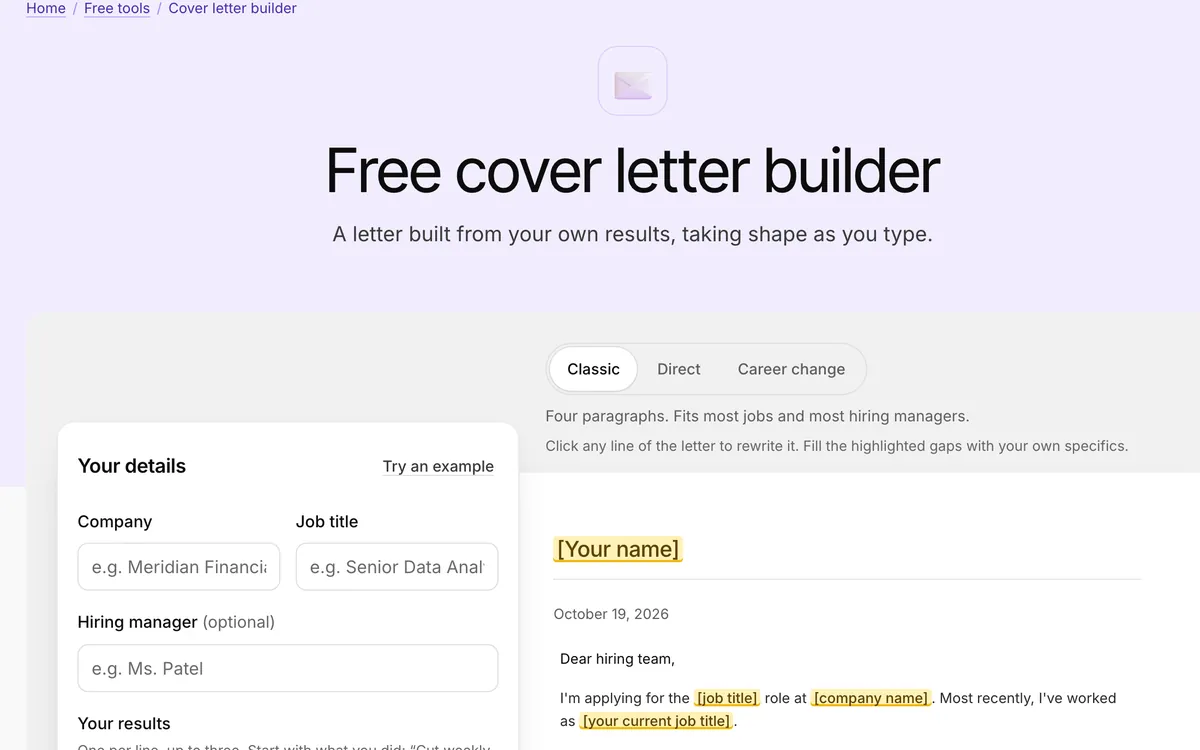 The cover letter builder with its letter template