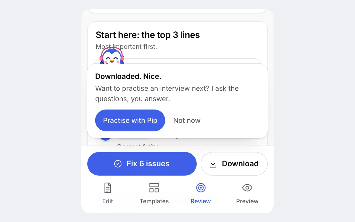 On a phone, Pip says “Downloaded. Nice.” above the Studio's Download bar and offers a practice interview.