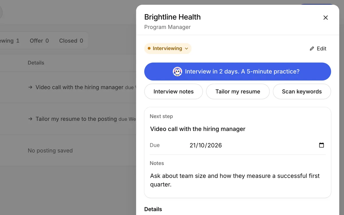 A sample job open in the tracker with its next step and due date