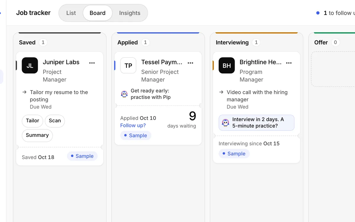 The job tracker board with Pip practice links on sample jobs