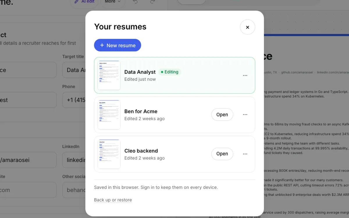 The Your resumes list with three resumes, the open one marked Editing.