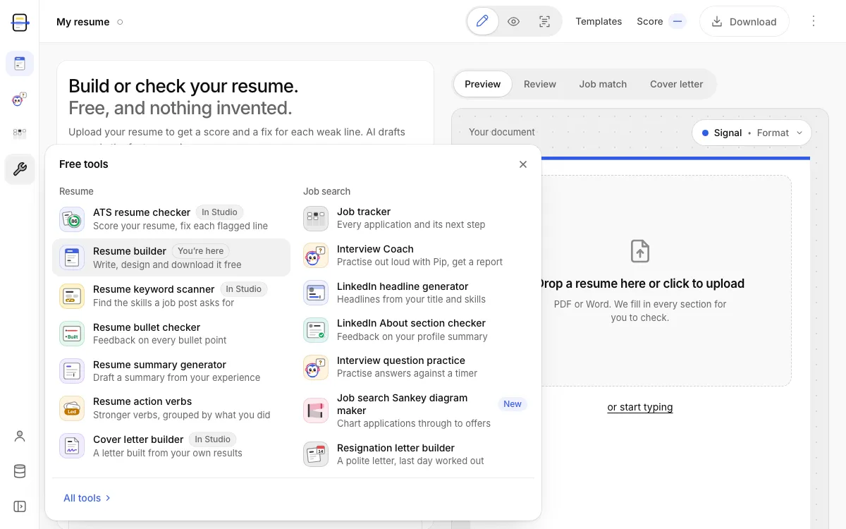 The Studio with the free tools menu open, showing each tool's icon