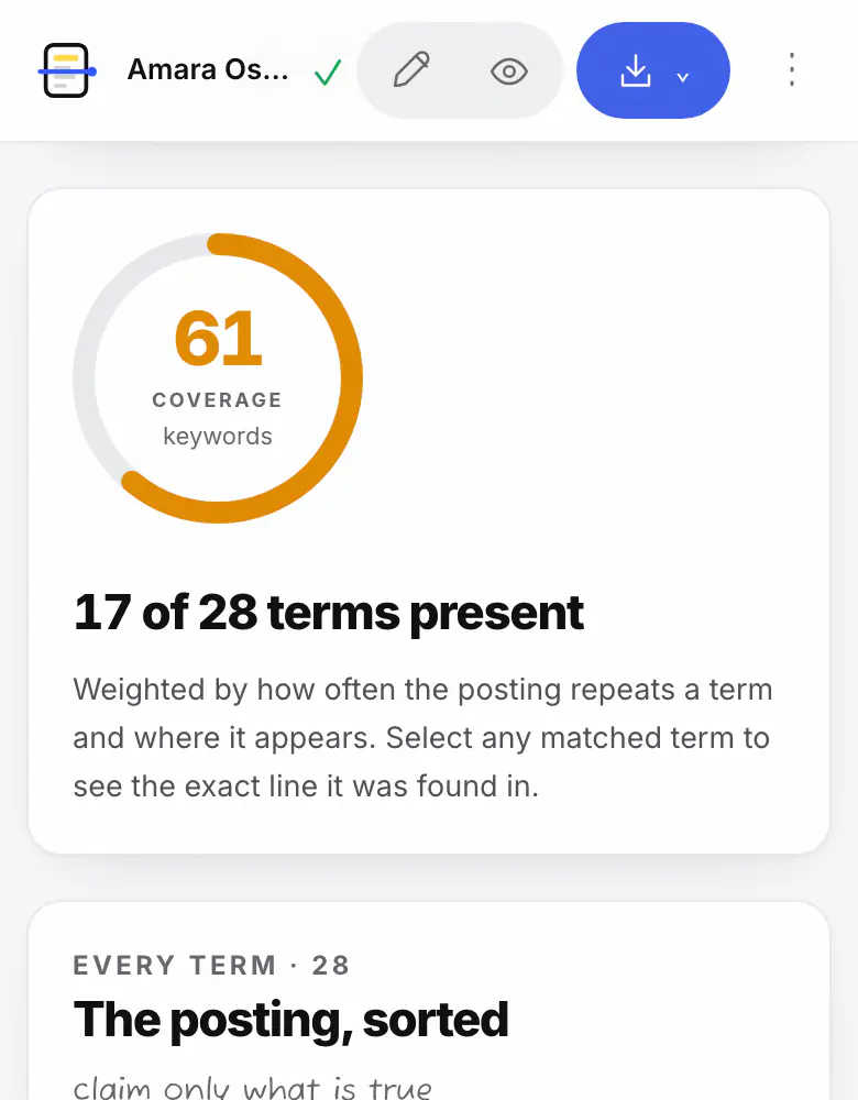 Job match in ATSPrep: keyword coverage of 61, with 17 of 28 terms from a sample job post present on the resume.