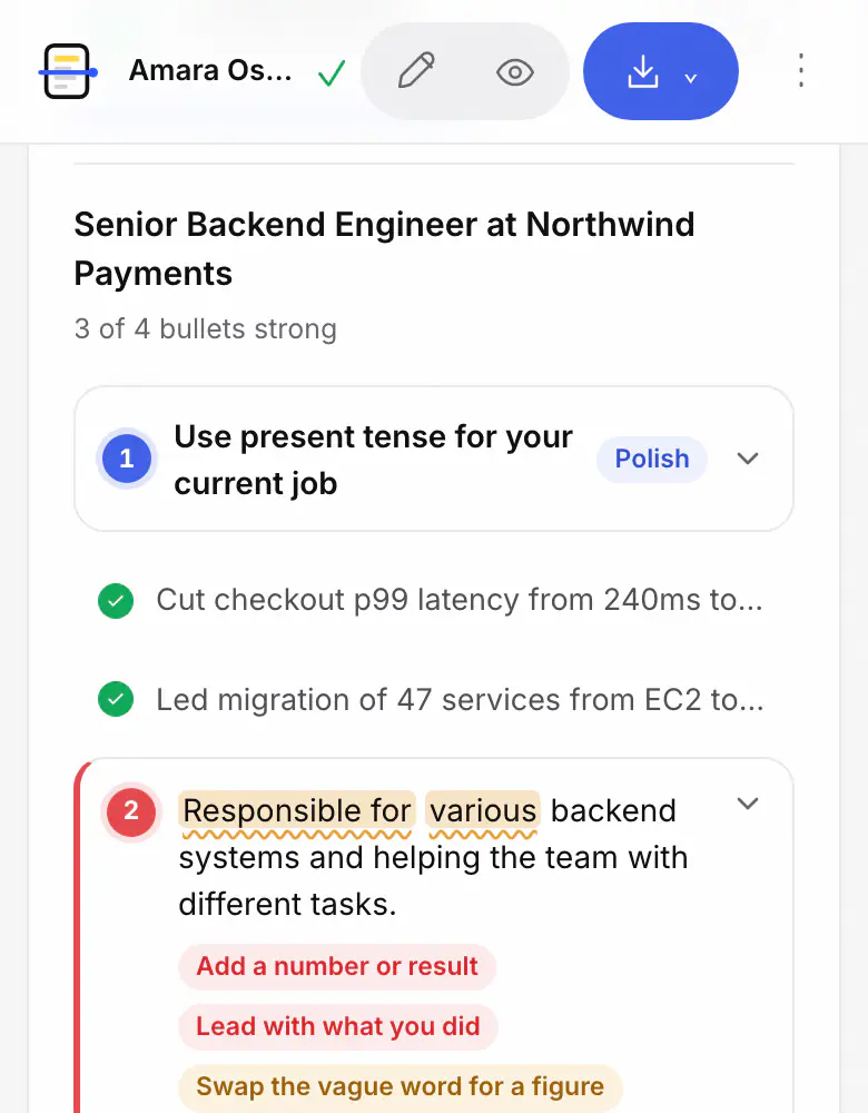 The Review in ATSPrep: the bullet “Responsible for various backend systems” is pinned with notes to add a number and replace the vague word.